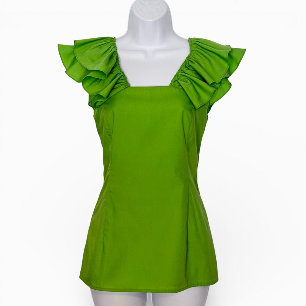 Charlotte Brody Ruffle Sleeve Blouse Chartreuse Green Square Neck Cotton Size XS